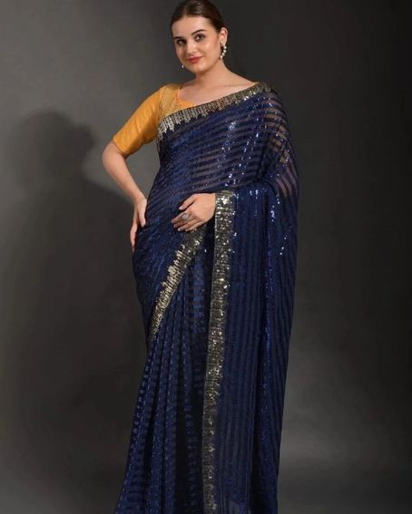 Navy Blue Georgette Sequence Embroidered Party Wear Saree