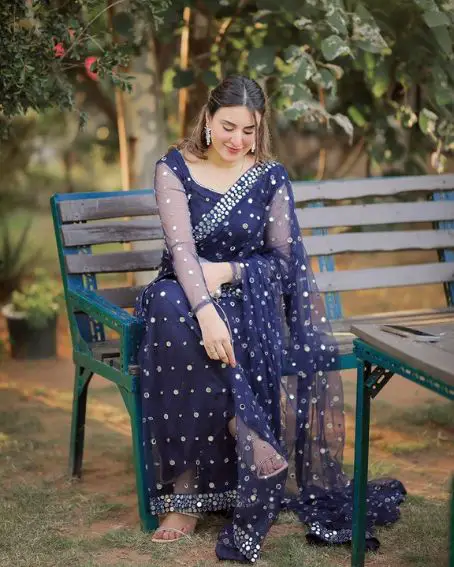 Navy Blue Net Saree with Mirror Work Blouse