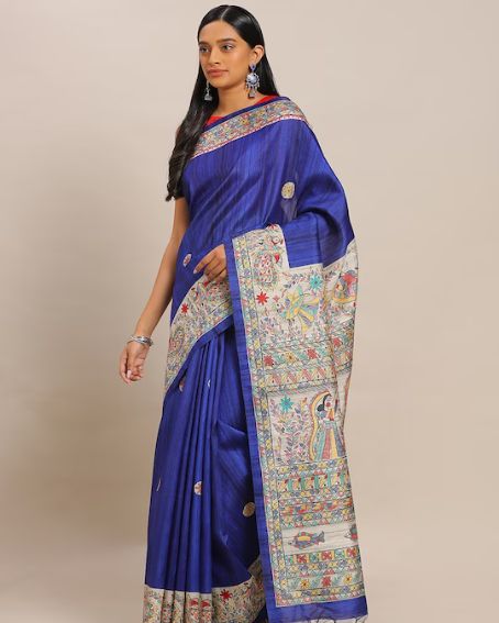 Navy Blue Pure Silk Handcrafted Madhubani Printed Tussar Saree