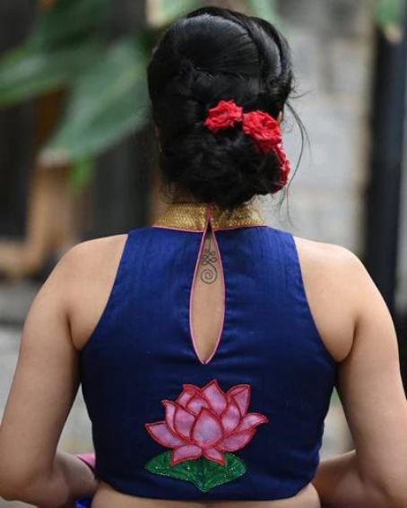 Navy Blue Raw Silk Racer Back Blouse with Hand Painted Tamara Poovu