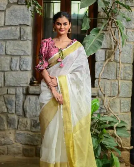 Off White And Muted Gold linen saree