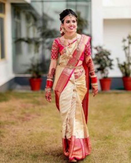 Off White Bridal Talambralu Saree With Pink Blouse Design