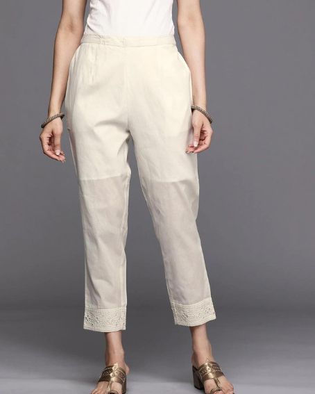 Off White Embroidered Cotton Trousers