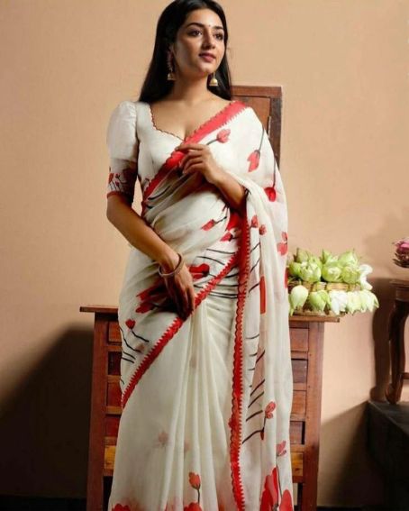 Off White Plain Linen With Digital Print Saree For Party Wear