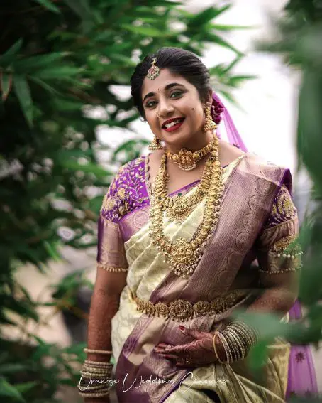Off White Wedding Talambralu Saree With Violet Frills Blouse Design