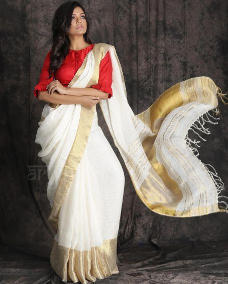 Off-White Textured Organic Linen Saree with Gold Border