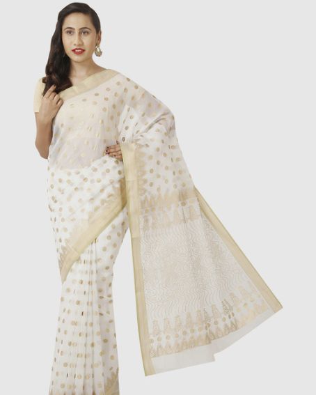 Off White & Gold Cotton Polka Dot Saree