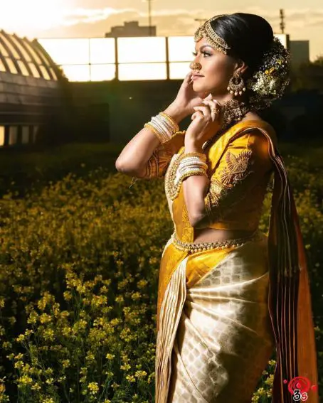 Off-White Kanchipuram Saree in 6 Inches Mustard Gold Border