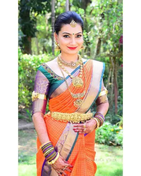 Orange Checked Wedding Saree With Green Blouse