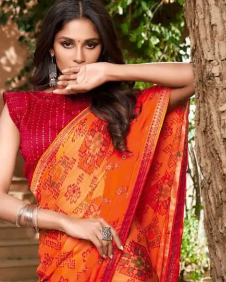 Orange Designer Contrast Saree with Red Blouse