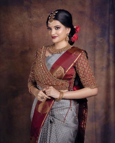 Overlap Blouse Paired Up With A Gray Silk Saree