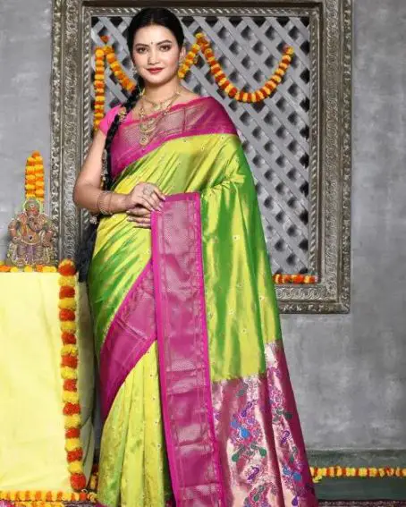 Paithani Pure Silk Saree In Green With Peacock And Floral Motifs
