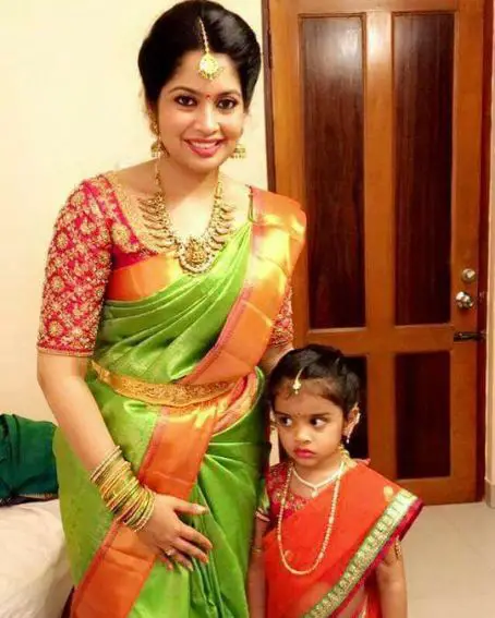 Parrot Green Color Saree With Orange Blouse Combination For Their Love