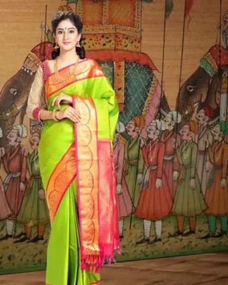 Parrot Green Wedding Saree With Full Sleeves Blouse