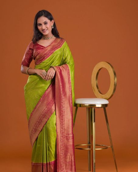 Parrot Green Zari Work Banarasi Saree For Pooja