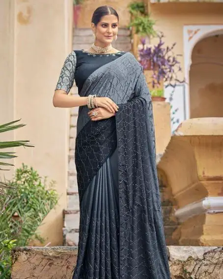 Party Wear Gray Sequins Work Chinon Saree