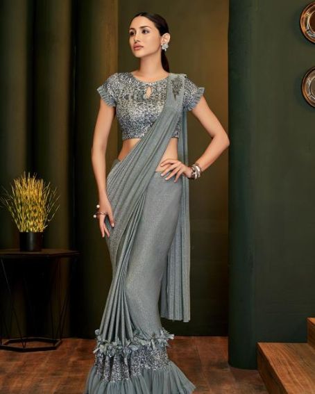 Party Wear Sequins Work Lycra Gray Saree