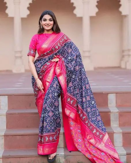 Patola Print Navy Blue Saree with Pink Blouse