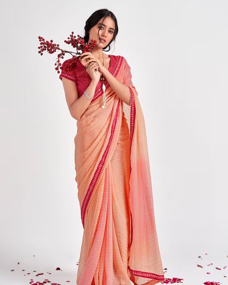 Peach Color Georgette Base Printed Saree With Matching Blouse