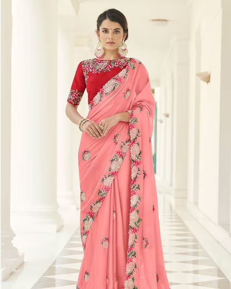 Peach Color Georgette Base Saree With Resham Work