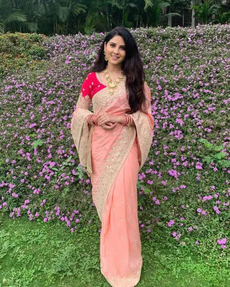 Peach Embroidery Saree with Red Blouse