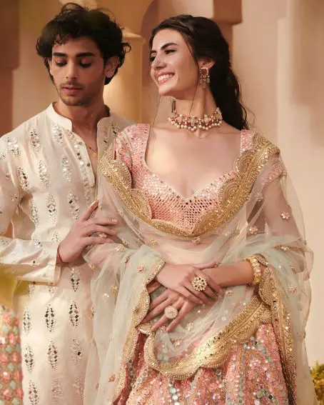 Peach Foil Mirror Work Lehenga for Brother's Wedding