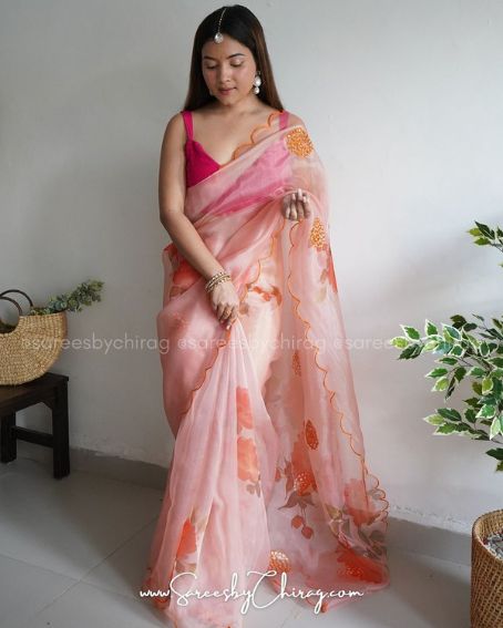 Peach Organza Digital Printed Saree