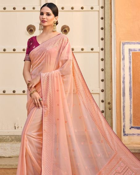 Peach Organza Saree with Maroon Blouse