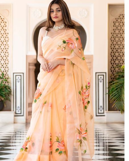 Peach Organza Saree with Unstitched Blouse