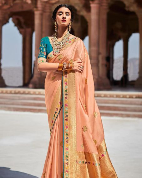 Peach Paithani Saree with Blue Embroidery Blouse