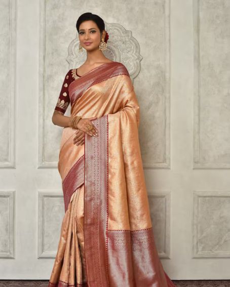 Peach Silk Blend Botanical Pattern Saree With Running Blouse