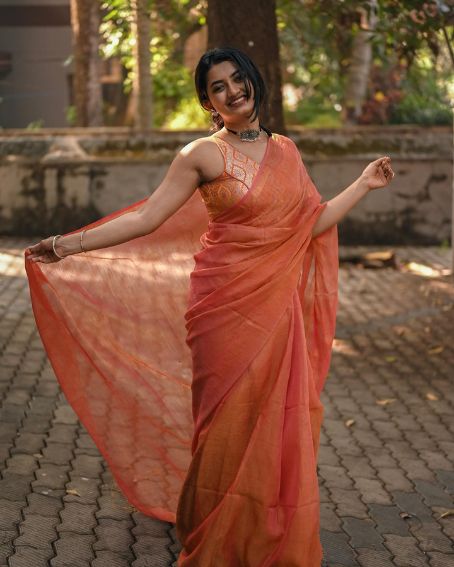 Peach Zari Linen Saree With Blouse