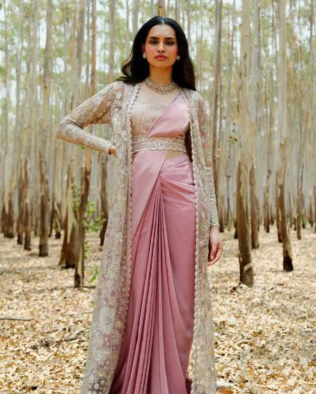 Pink Aine Pre-draped Saree And Sheer Jacket Set