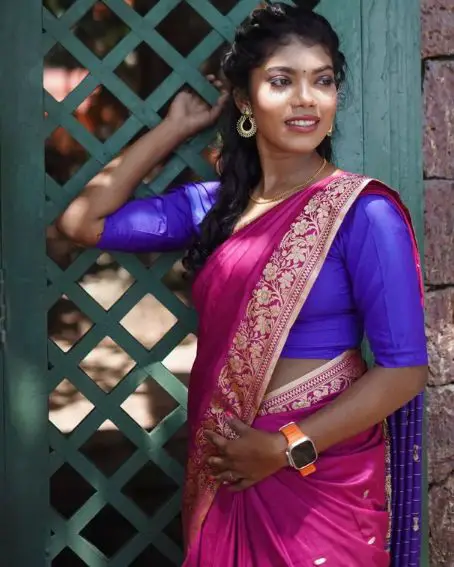 Pink Saree With Blue Blouse