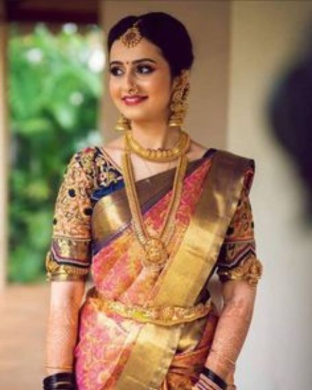 Pink Saree With Navy Blue Border And Embroidery Blouse For Bride Photoshoot
