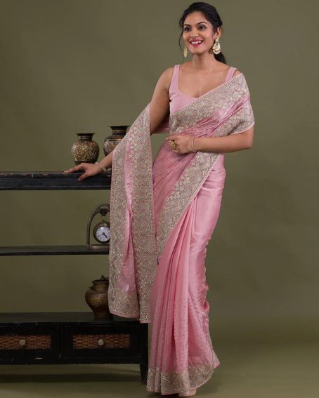 Pink Stonework Satin Designer Saree