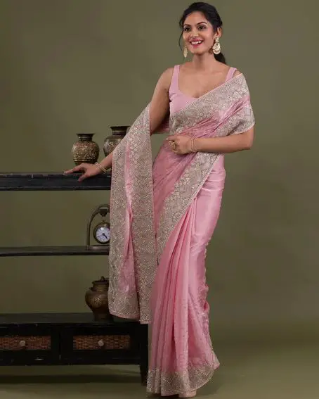 Pink Stonework Satin Designer Saree