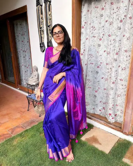 Pink Uppada Silk Blouse With Violet Saree