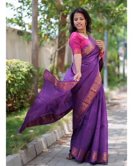 Pure Handloom Kattam Sungudi Purple Cotton Saree with Pink Blouse