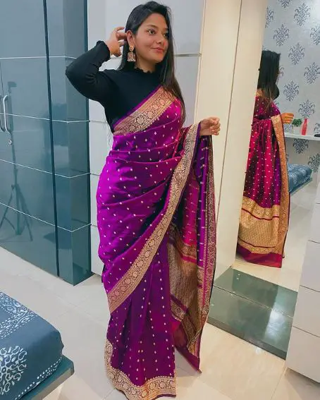 Purple Banarasi Saree with Black Full Sleeve Blouse