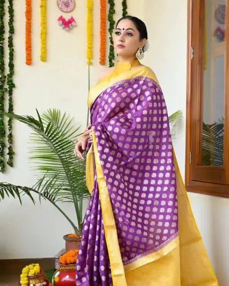 Purple Color Maheshwari Silk Handloom Saree with Yellow Border and Pallu