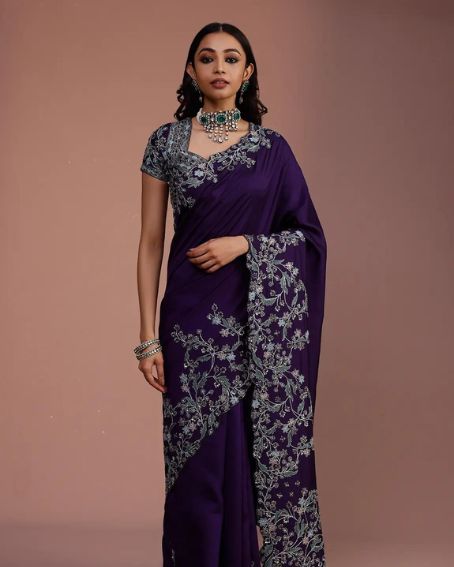 Purple Embroidered Cutwork Border Saree With Blouse