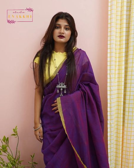 Purple Plain Saree with Yellow Sleeveless Blouse