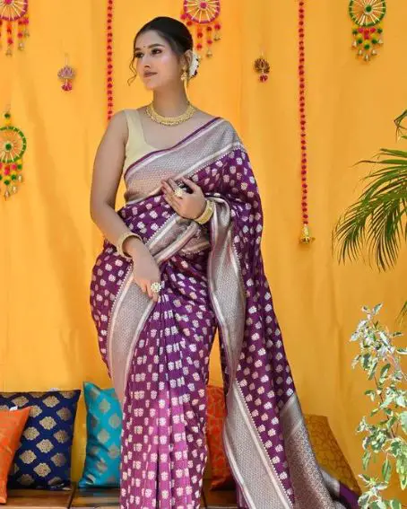 Purple Pure Muga Silk Saree with Gold Sleeveless Blouse