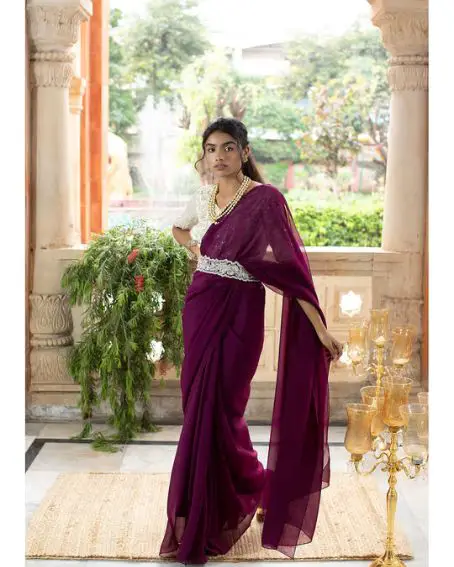 Purple Saree Set With Detachable Belt