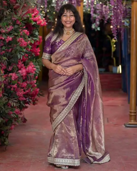 Purple Tissue Saree For Wedding Guest Look