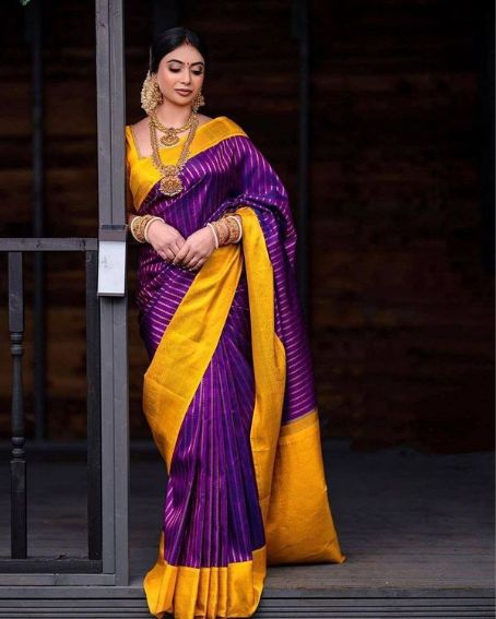 Purple Traditional Saree with Yellow Blouse