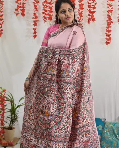 Radha Krishna - Gulabi Madhubani Hand Painted Cotton Silk Saree