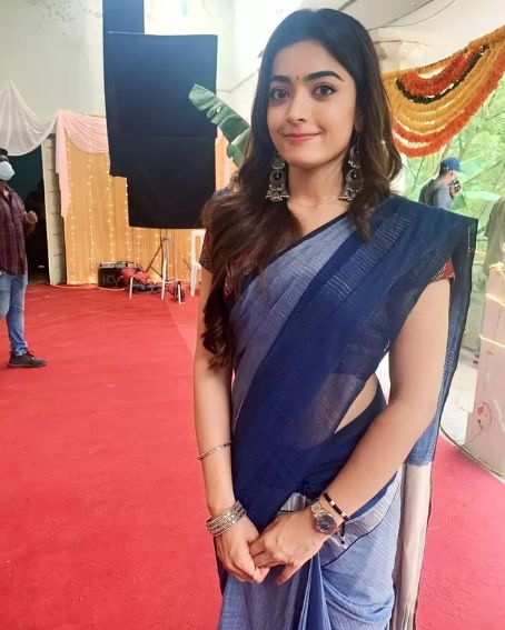 Rashmika in Blue Double Color Saree