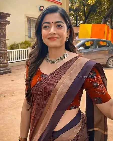 Rashmika in Coffee Color Saree with Red Blouse